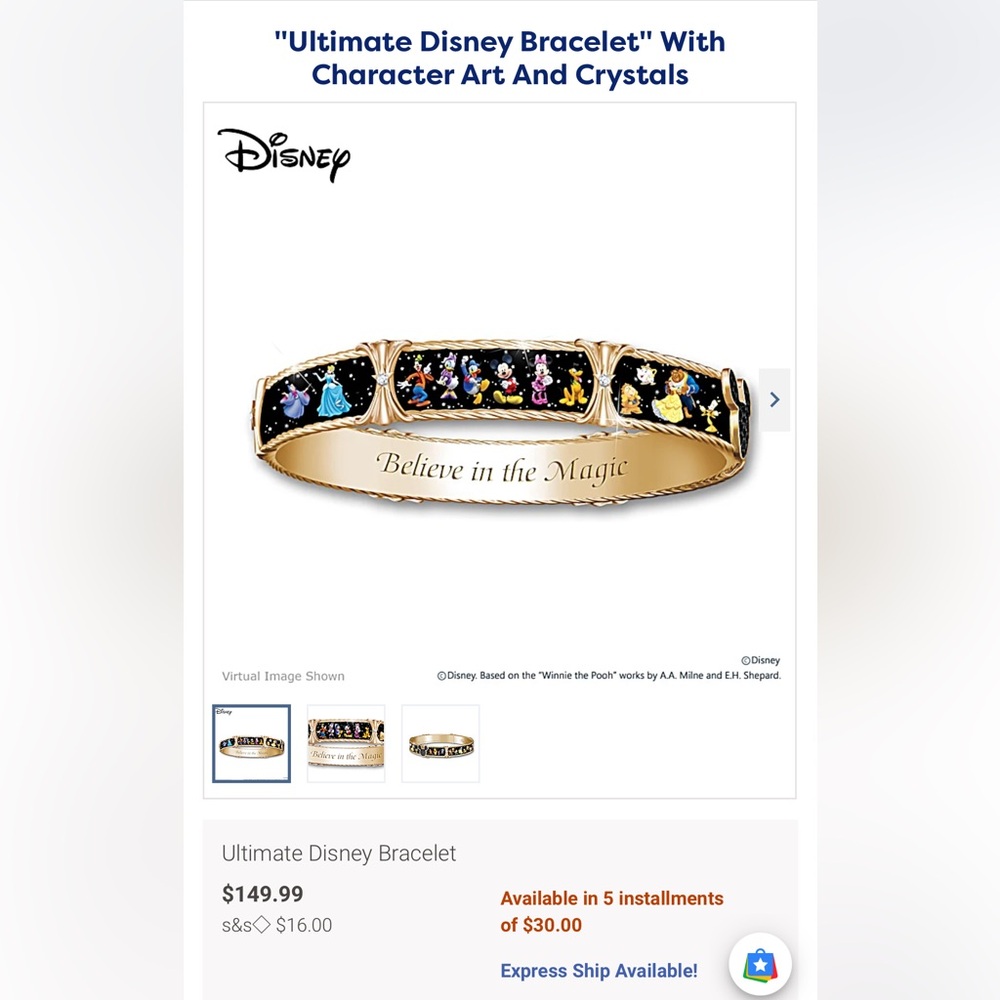 Disney Bradford Exchange. Gold Bracelet with Colorful Character Art